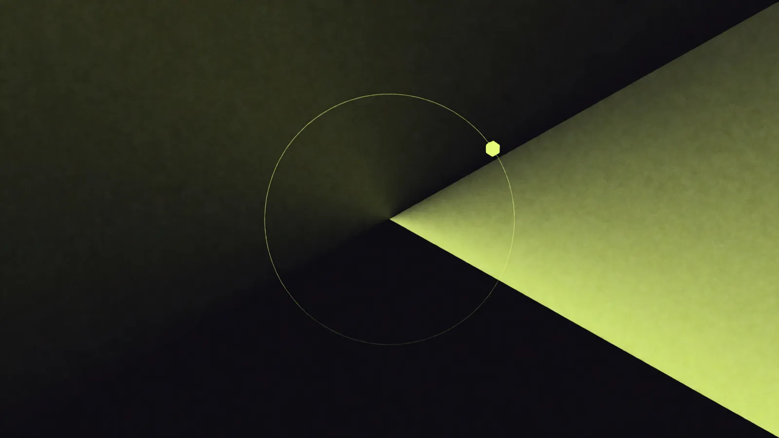 Abstract shapes on a dark field: a thin circle outline with a green wedge entering from the right, and a small dot marking where the wedge meets the circle.