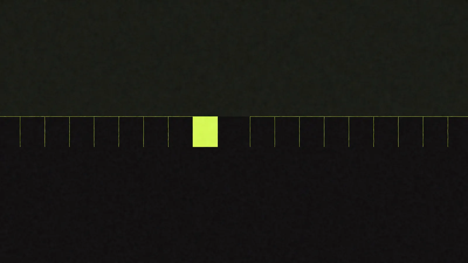 Abstract shapes on a dark field: evenly spaced tick marks along a horizontal line, with one position filled by a solid green rectangle instead of a tick.