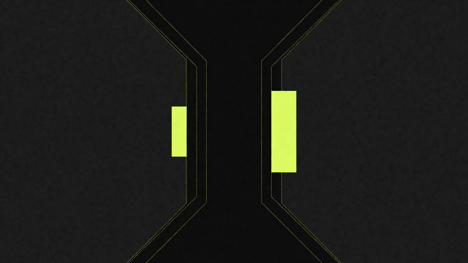 Abstract shapes on a dark field: symmetrical planes narrowing toward a dark gap at the centre, with two green vertical bars set on either side of it.