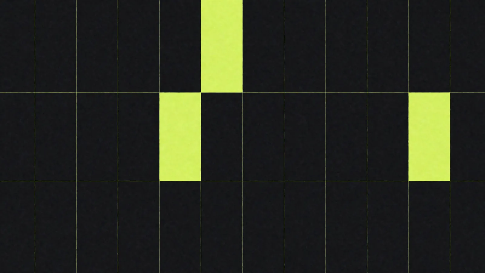 Abstract shapes on a dark field: a thin-lined grid where two green-filled cells sit on opposite sides of a row line instead of lining up, with a third green cell apart from them on the right.
