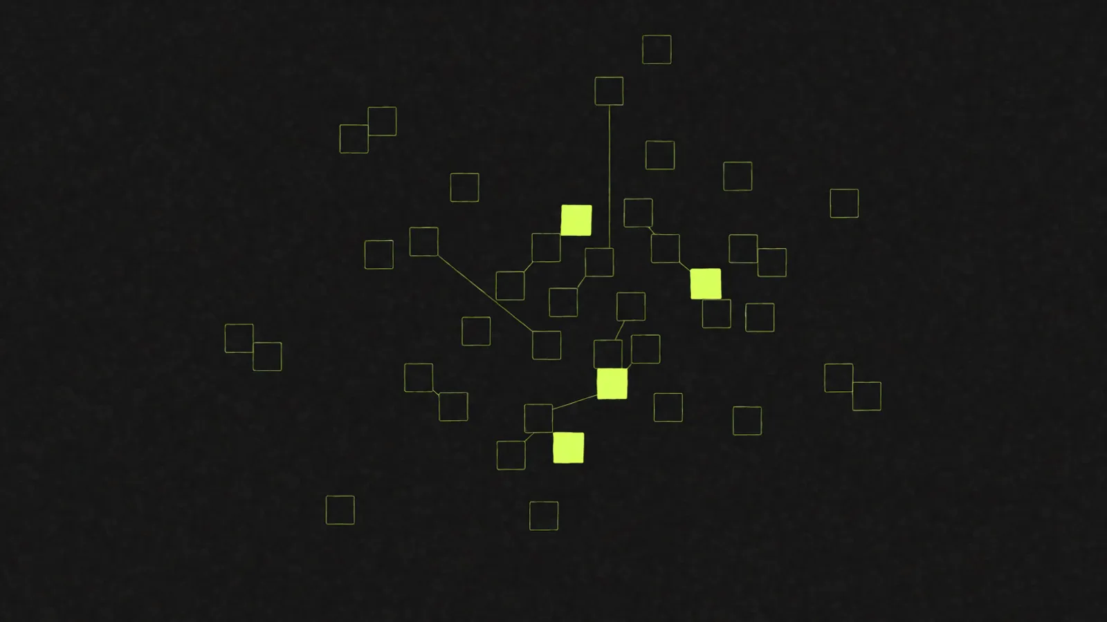 Abstract shapes on a dark field: small outlined squares scattered across the frame, some joined by thin lines into a loose cluster, with four of them filled in green.