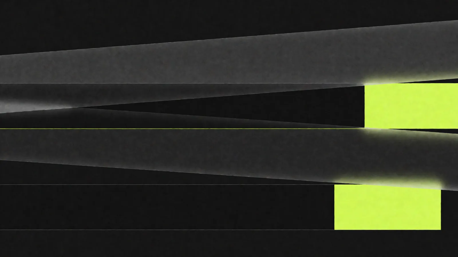 Abstract shapes on a dark field: grey bands with soft blurred edges overlapping and tapering to one side, a single crisp green line running straight across them, and two green rectangles at the right.