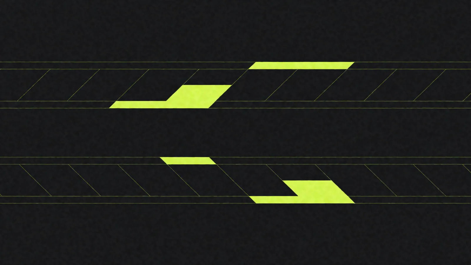 Abstract shapes on a dark field: two parallel horizontal bands filled with diagonal hatching, with green stepped forms crossing back and forth between them.
