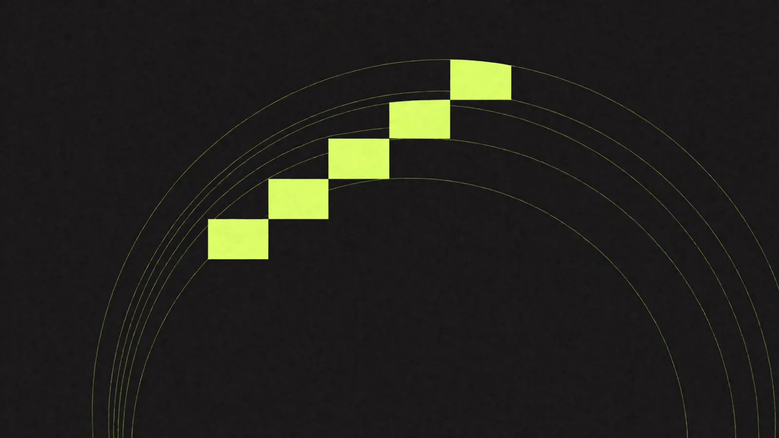 Abstract shapes on a dark field: a family of concentric arcs with five green rectangles stepping along them in one direction, each offset from the last.