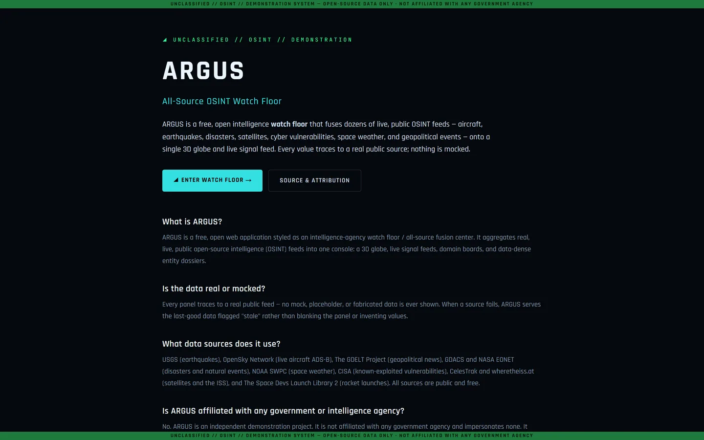ARGUS 랜딩 화면. 화면 위아래에 초록색 UNCLASSIFIED 경고 띠가 있고, ARGUS 제목과 'All-Source OSINT Watch Floor' 부제 아래 'Enter Watch Floor'와 'Source & Attribution' 버튼이, 그 밑으로 FAQ 문답이 이어진다.