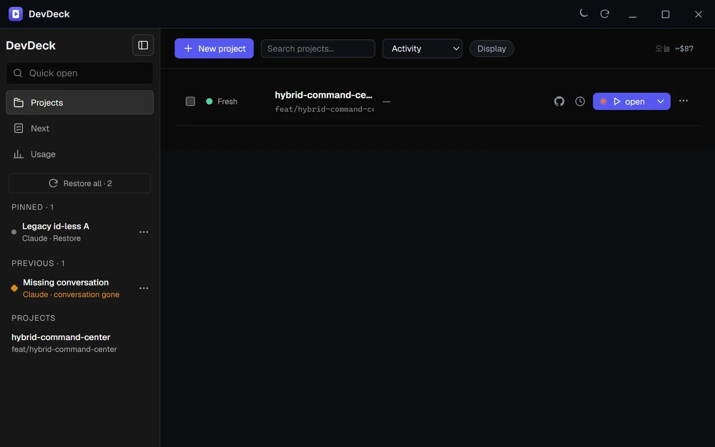 DevDeck 프로젝트 관제 화면. 여러 Git 프로젝트와 상태, 작업 재개 진입점을 한 화면에 모은 실제 Electron UI.