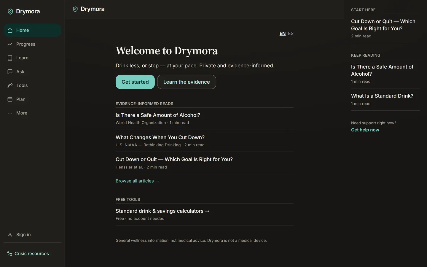 Drymora web app home. A left sidebar lists Home, Progress, Learn, Ask, Tools and Plan; the centre shows a welcome heading with get-started buttons above a list of evidence-informed articles, and a right rail suggests further reading.
