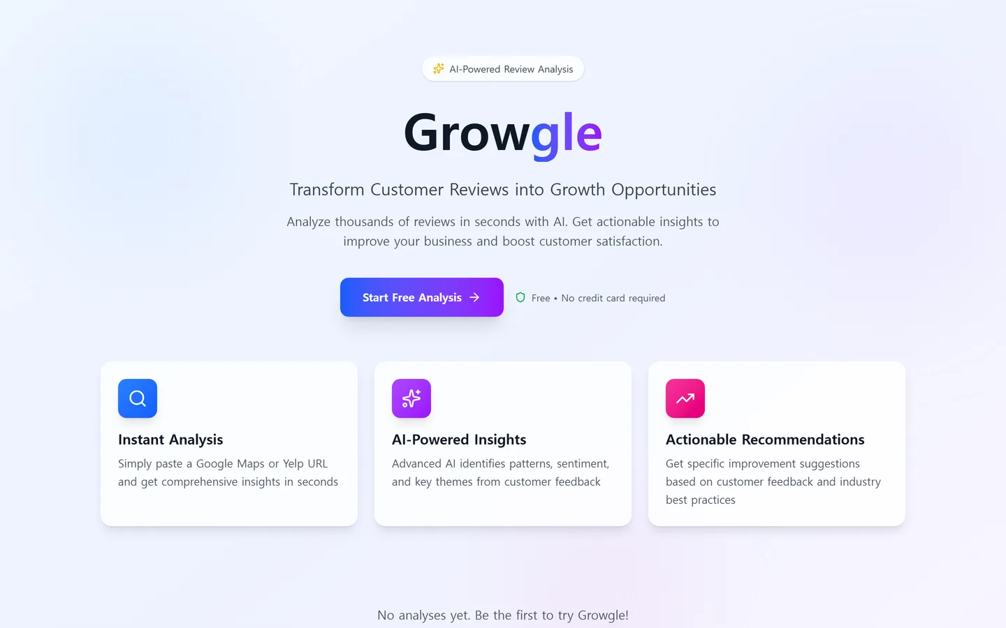 Growgle landing page. On a pale lavender background sit an 'AI-Powered Review Analysis' badge, the Growgle wordmark and a 'Start Free Analysis' button, above three feature cards: Instant Analysis, AI-Powered Insights and Actionable Recommendations.