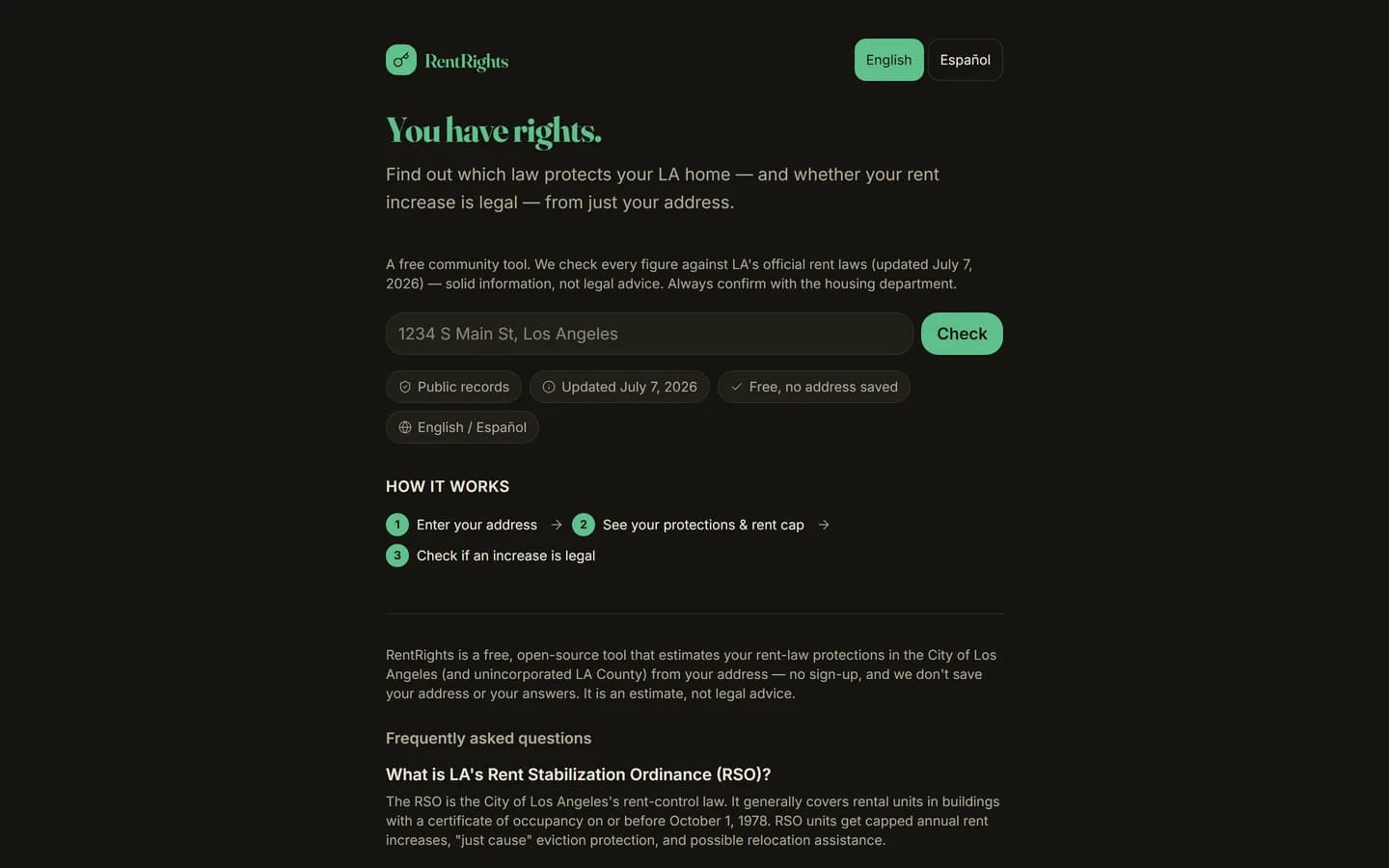 RentRights 랜딩 화면. 'You have rights.' 헤드라인 아래 로스앤젤레스 주소를 넣는 입력창과 Check 버튼이 있고, 공공기록·갱신일·주소 미저장 배지에 이어 3단계 이용 안내와 RSO 관련 FAQ가 보인다.