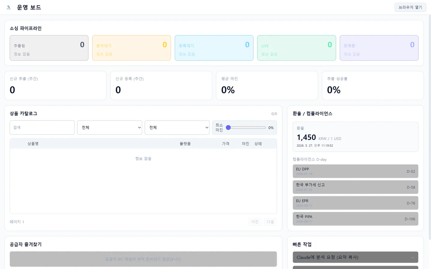 The real Soursea desktop operations board used to manage sourcing work and browser-driven product workflows.