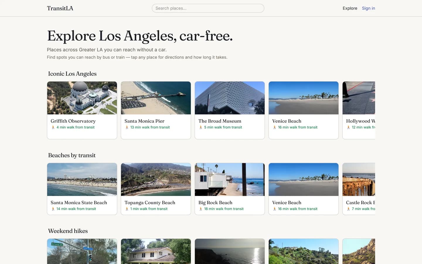 TransitLA. On a light background, the headline 'Explore Los Angeles, car-free.' sits above a place search box; rows titled Iconic Los Angeles, Beaches by transit and Weekend hikes show photo cards for spots such as Griffith Observatory and Santa Monica Pier, each labelled with its walking time from transit.