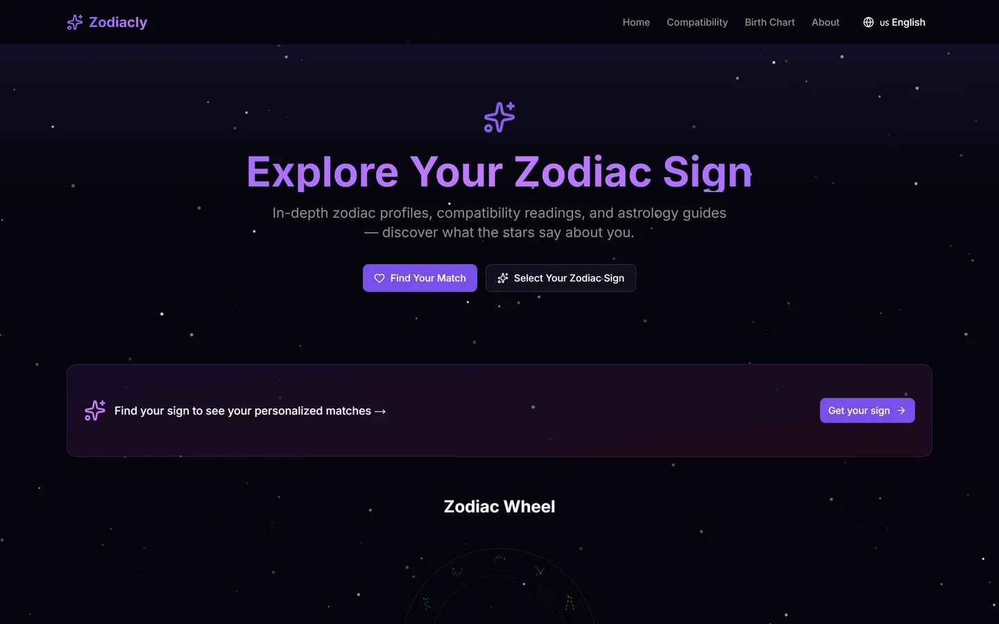 Zodiacly landing page. Over a dark starfield, a nav bar lists Home, Compatibility, Birth Chart and About; below the headline 'Explore Your Zodiac Sign' sit 'Find Your Match' and 'Select Your Zodiac Sign' buttons, a banner inviting the visitor to pick a sign, and the start of a 'Zodiac Wheel' section.